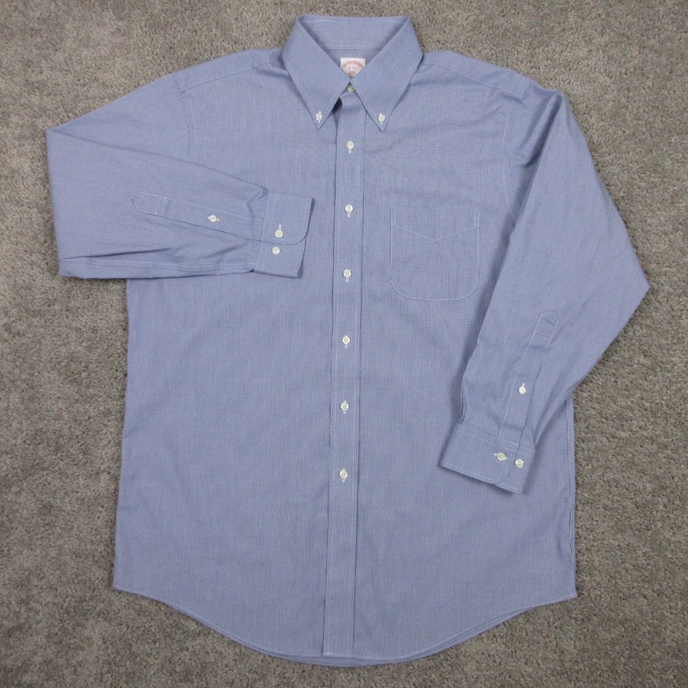 Brooks Brothers Shirt Mens L 16 32/33 Blue Micro‎ Check Office Dress Button Up